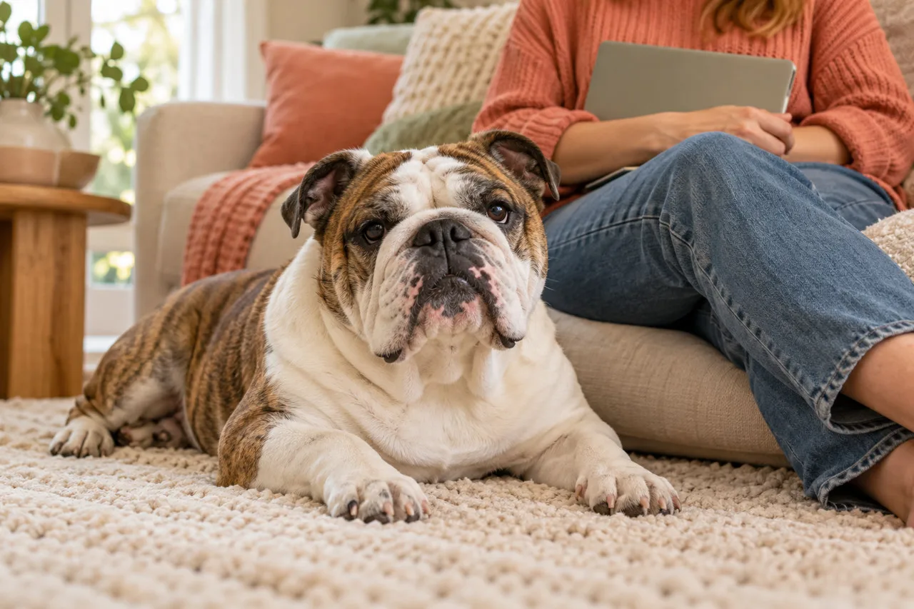 Brindle-and-white dog resting beside an owner holding a tablet